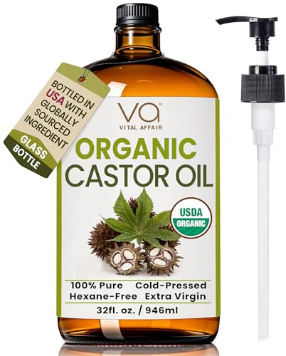 Castor Oil Organic Cold Pressed Glass Bottle 32oz For Hair Growth, Eyebrow | Unrefined, USDA Organic – For Eyebrows, Face & Castor Oil Packs - VITAL AFFAIR