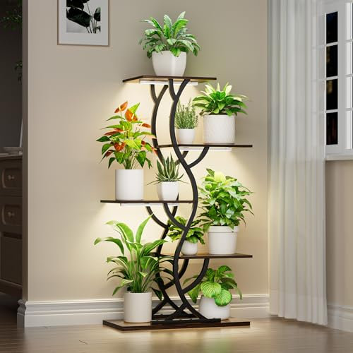 Plant Stand Indoor with Grow Lights - 44 Tall Corner Plant Stands for Indoor Plants, 5 Tiered Metal Plant Shelf, Curved Plant Flower Holder Dispaly Rack for Living Room, Home Patio Balcony (Black)