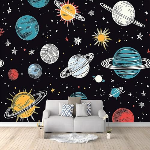 Graffiti Style Planet Black Photo Wallpaper Black 250x175 cm Non-Woven Art Print Wall Mural Decoration Poster Picture Design Modern Living Room Kitchen Bedroom Wall Mural
