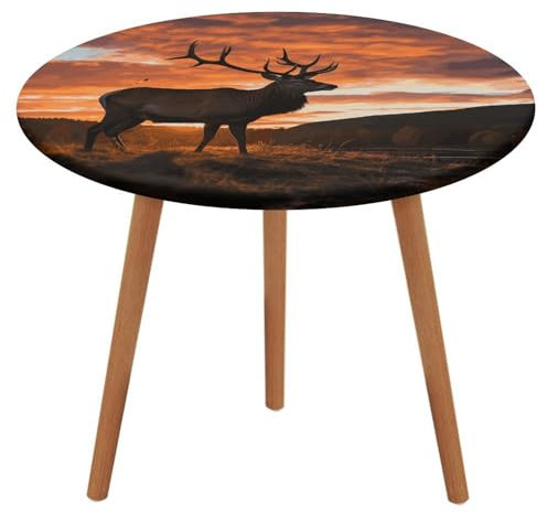 HKMNTGD Runde Tischdecke mit Gummizug, Motiv: Roter Hirsch, Stier, Elch, Sonnenuntergang, bedruckt, rund, für den Außenbereich, Terrassentisch, runde Tischdecke
