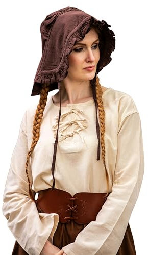 Leonardo Carbone® Damen Kopfbedeckung Bundhaube Mit Rüsche | Verzierter Rand | Bequeme Passform | Karneval, Halloween, Cosplay, LARP, Mittelalter, Haube, Hut | 100% Baumwolle Braun