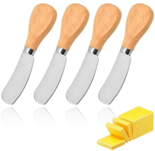 WUSJCOF 4 Pièces Couteau à Beurre en Acier Inoxydable Couteau à Fromage Couteau à Gâteau Manche en Bois Set de Couteaux pour Fromage Confiture Beurre (Petit, Acier Inoxydable, Manche en Bois)