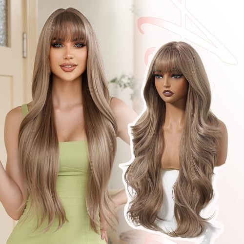 Allbell 66 cm lange, gewellte Ombré-braune Kunsthaarperücke mit Pony, lockiges Blond, hitzebeständiges Faserhaar für Damen, Alltag, Party, Cosplay, Styling, natürlicher Look