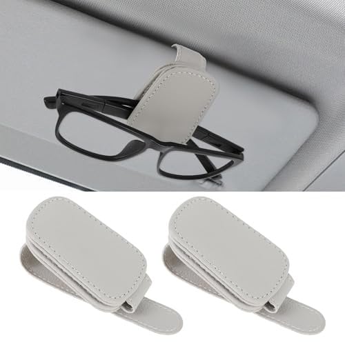 Lusofie 2Pcs Sunglasses Holder for Car Magnetic Car Glasses Holder Sunglasses Holder for Car Sun Visor Leather Sunglasses Holder Auto Interior Accessories for Different Size Eyeglasses (Gray)
