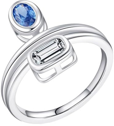 Grewod Verlobungsring Schlicht Damen 9 Karat Weißgold 2 Lagig Linien Ring 3x5 MM Blau Oval Saphir mit Moissanit Eheringe Gr. 48 (15.3)