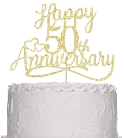 WUSJCOF 50th Wedding Anniversary Gold Glitter Cake Toppers Elegant Decorations for Golden Wedding Cake 50th Wedding Anniversary