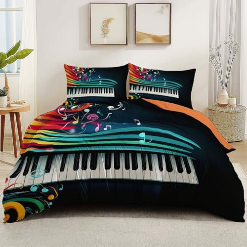 Bettwäsche Musikalische Elemente Keyboard Muster 200 x 200cm Atmungsaktiv Langlebig Bettbezug Set Orange Farbe Bettbezug Alle Jahreszeiten mit Reißverschlus und Kissenbezug 80 x 80 cm