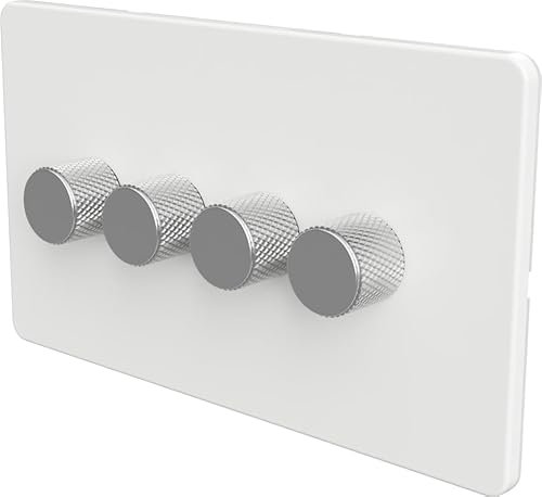 Flat Trailing Edge 2 Way LED Dimmer Switch Rotary Push On/Off for Dimmable LED and Halogen Lights - White/Silver 4-Gang