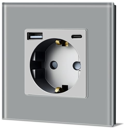 TAWOIA Schuko Steckdose mit USB C 20W, EU-Standard 1 Fach Unterputz Steckdose mit Kristall Glas Platte Wandsteckdosen Grau 86 * 86mm