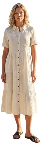 Roman Shirt Dress for Women UK Ladies Short Sleeve Sleeveless Belted Collared Midi Maxi Summer Spring Smart Casual Button Evening Office A Line Swing Skater - Natural - Size 18