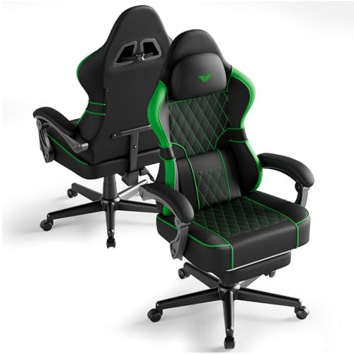 Ferghana Chaise Gaming Ergonomique，Fauteuil Game en Cuir Respirant，Gaming Chair avec Réglable Appui-tête,Coussin Lombaire Massage,Repose-Pied,Chaise de Bureau PC pour Bureau de Jeu (Noir et Vert,PVC)