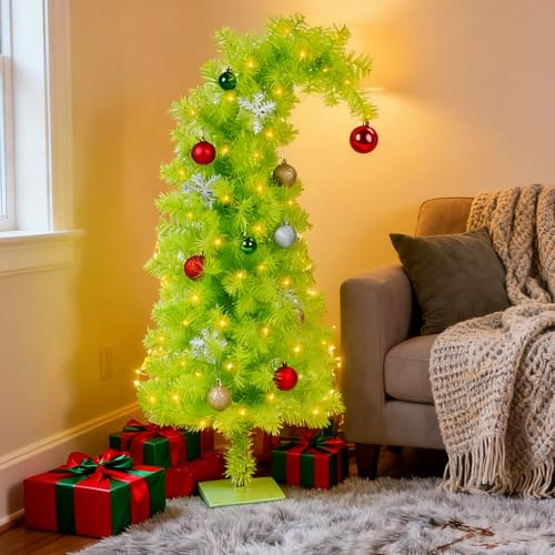 NEXSTRON 3Ft Christmas Tree Grinchmas with 17 Christmas Ornament / 150 LED Warm White Lights/SS Base, Grinch Christmas Decorations Whimsical Green, Bendable DIY Pine Tree Whoville Grinch Decorations