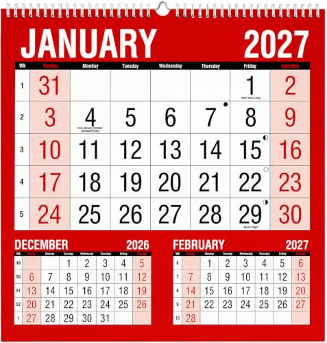 2027 Three Month Wall Planner Calendar, Spiral Bound Monthly Planner | Large Print 3 Month to View Organiser for Home Office Work Appointments Events Holidays Family Schedule