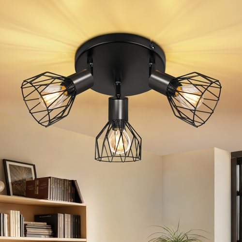 Dehobo Plafonnier Spot Orientable avec Douille E14 - Style Rétro Spots de Plafond - Plafonnier Led Cuisine 3 Spots Noir - Plafonnier Industriel pour Cuisine Chambre Salon, Sans Ampoules