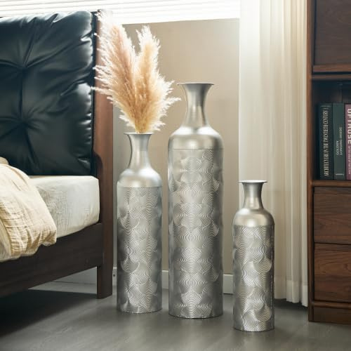 FammyLoft Metall Bodenvase Groß Set 3, Vintage Floor Vases, Weihnachten Silver Vase, Pampas Branch High Decorative Bodenvase Living Room Bedroom, Large -83/65/50cm High, Home Decoration