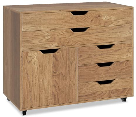 GIANTEX Rollcontainer mit 5 Schubladen & 1 Schrank, mobiler Aktenschrank mit 5 Rollen, Schubladenschrank unter Schreibtisch, 77,5 x 40 x 64 cm (Natur)