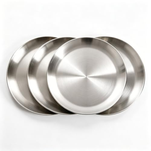 AHMistool 4 platos redondos de camping de acero inoxidable, vajilla redonda de 17 cm, para tartas, bandeja, retro, mate, redondo, para camping, pícnic, senderismo, cocina, fiesta (plata, 17 cm)