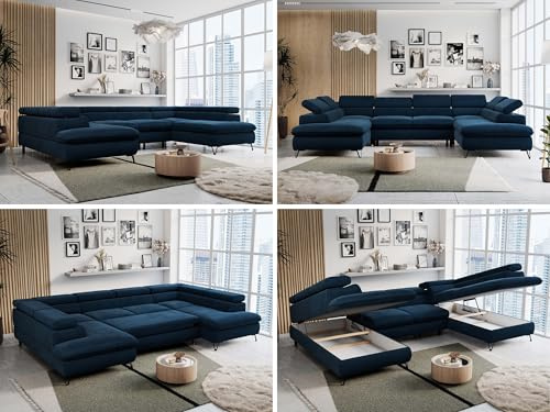 Sofa U-Form, Wohnlandschaft U-Form, Sofa mit Schlaffunktion und Bettkasten, Schlafsofa mit Bettkasten, Couch mit Verstellbare Kopfstützen - Peter U - Dunkelblau Velvet Hydrophob (mit Topper T25)
