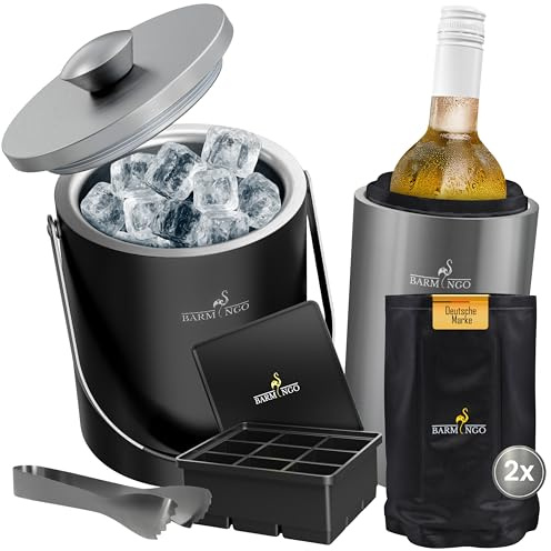 BARMINGO SPAR-SET: Eiswürfelbehälter & Weinkühler Set | 2l Eisbehälter Set mit Sieb, Eiswürfelform, Zange | Sektkühler Edelstahl mit 2 Kühlakkus