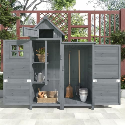 Merax Gartenschrank Holz, Geräteschuppen wetterfest, Gartenhaus Outdoor-Schrank mit Doppeltüren, Wasserdichtes Dach und großes Stauraum, Werkzeugschrank für Garten, Terrasse, Hinterhof, Rasen, Grau