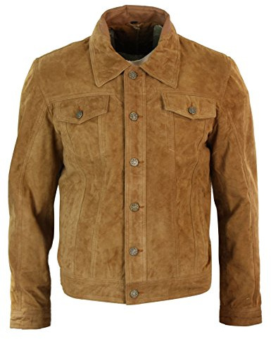 Infinity Mens Vintage Short Denim Style Retro Real Suede Leather Jean Jacket Casual Wine Green