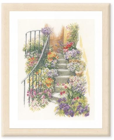 Lanarte Kreuzstich Stickpackungen Gezählter Kreuzstichbilder Set TREPPE MIT BLUMEN Wanddekoration Handarbeit Set für Erwachsene 27 x 37 cm DIY Deko Bastelset Handwerker Kreative Geschenkset