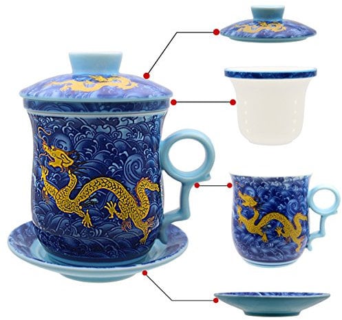 HOLLIHI Porcelain Tea Cup with Lid and Saucer Infuser Sets - Chinese Jingdezhen Ceramics Coffee Mug Teacup Loose Leaf Tea Brewing System for Home Office