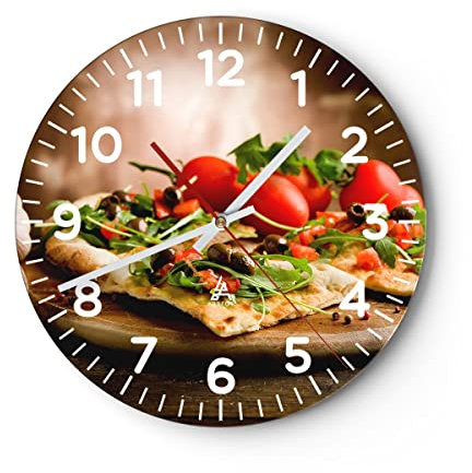 Modern Wanduhr Pizza Vegetarier Italien Essen 40x40cm Rund Groß Wand Uhr Glas Analog Zimmeruhren Küche Büro Wohnzimmer Glasuhr Wall Clock Dekoration Design Wanddekoration Küchenuhr C4AR40x40-2540