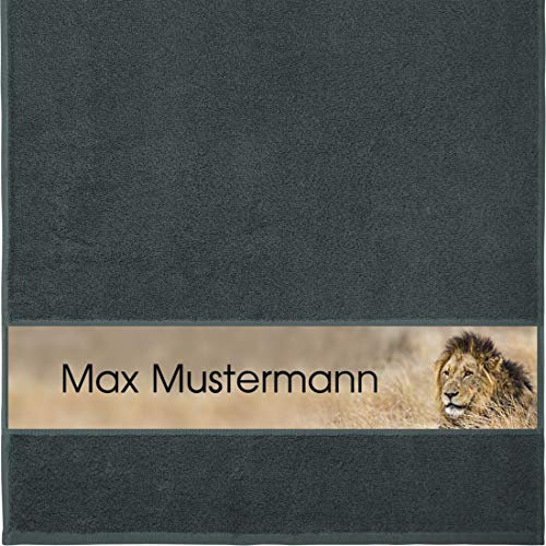 Manutextur Handtuch mit Namen - personalisiert - Motiv Tiere - Löwe - viele Farben & Motive - Dusch-Handtuch - anthrazit - Größe 50x100 cm - persönliches Geschenk mit Wunsch-Motiv und Wunsch-Name