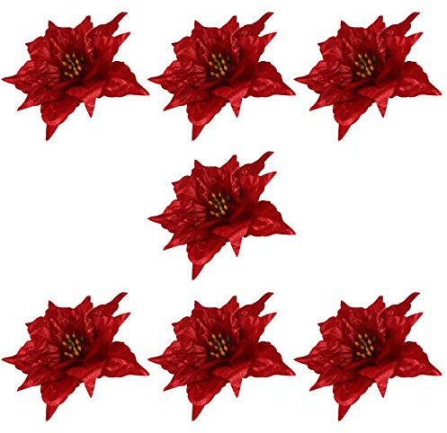 EXCEART Christmas Poinsettia Ornaments 7Pcs Artificial Red Glitter Flowers for Tree Wreath Diy Decoration 5.1 Inch Simulated Flower Hanger for Holiday Parties
