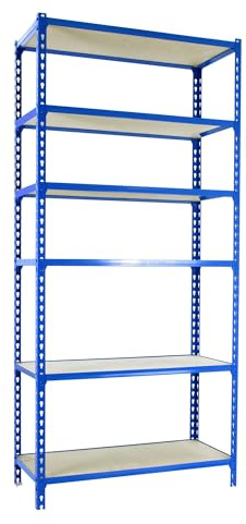 Simonrack Schwerlastregal, Lagerregal, 250x120x30 cm, Metallregal, Kellerregal, Biegestelle 200 kg, 6 Holzfachböden, Blau/Holz - Maderclick