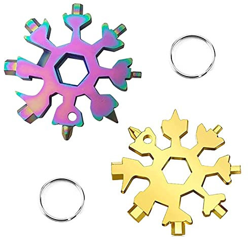 2 Stücke 18-in-1 Schneeflocken Multi-Tool,Schneeflocken Multitool,Schneeschlüssel,Sechskantschlüssel Schraubendreher Flaschenöffner,tragbares Edelstahlwerkzeug für Campingabenteuer (Bunt + Gold)