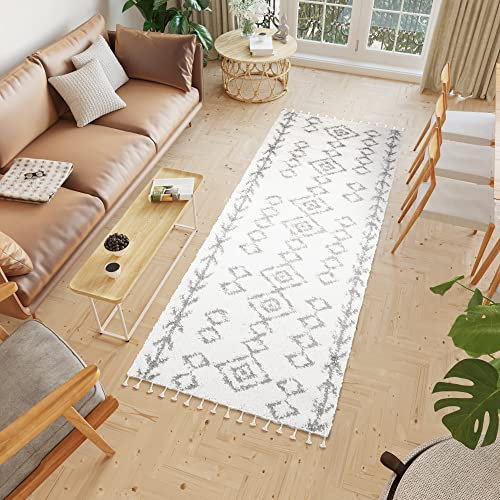 TAPISO Boho Teppich Läufer Kurzflor Shaggy Creme Grau Ethno Pfeile Muster Fransen Schlafzimmer Wohnzimmer Design Modern 100 x 200 cm