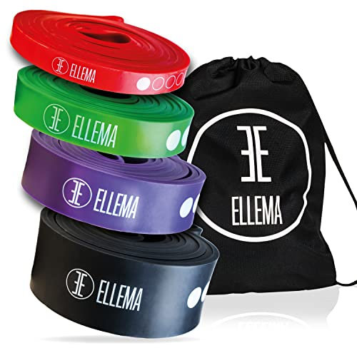 ELLEMA Resistance Bands + Tasche [+online Videotraining] - Fitnessband aus Latex - Trainings-Bänder für Jeden - Widerstandsbänder für Krafttraining & Fitness, als Klimmzugband/Klimmzughilfe