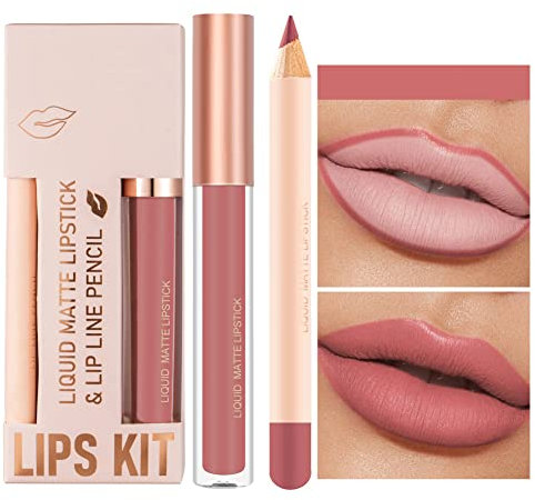 Lucoss Rossetto e Matita Labbra Abbinate,Set Rossetti Matite Lunga Durata Opaco,Rossetto con Matita Abbinata,Matita Labbra Impermeabile Tinta Labbra Lucidalabbra Matte,Lip Gloss + Lip Liner Set