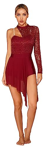 iiniim Dentelle Robe De Danse Lyrique Femme Robe Ballet Latine Moderne Patinage Asymétrique Justaucorps Costume Soirée Bal S-XL Bordeaux S