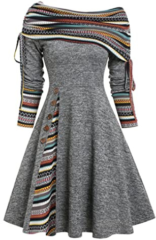 MENGQING Convertible Cinched Gestreiftes ausgestelltes Kleid Foldover Off The Shoulder Strickkleider Damen Langarm - Dunkelgrau0501,S