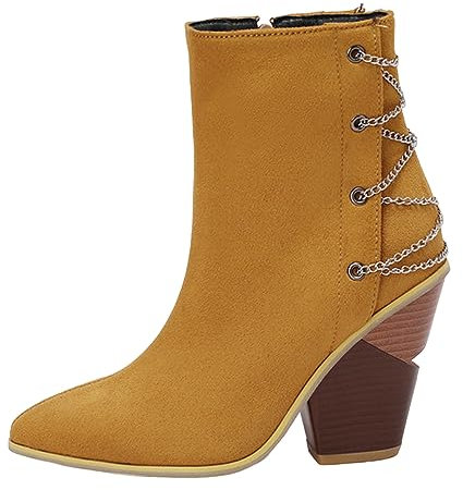 Stiefeletten Damen Mit Absatz Metalldekoration, Farbblockierung, bequem, klobiger Absatz, mittlere Wade, spitze Zehen, große Stiefel, Stiefeletten, kurze Stiefel Spann (B-Yellow, 42)