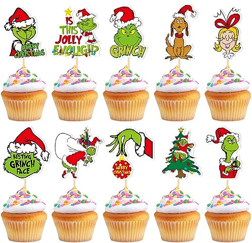 VARACL 30 Stück Grich Cupcake Topper, Grich Weihnachten Cupcake Toppers Lebensmittel Obst Picks für Grich Party Dessert Dekoration, Grich Geburtstag Kuchen Dekor, Grich Weihnachten Party