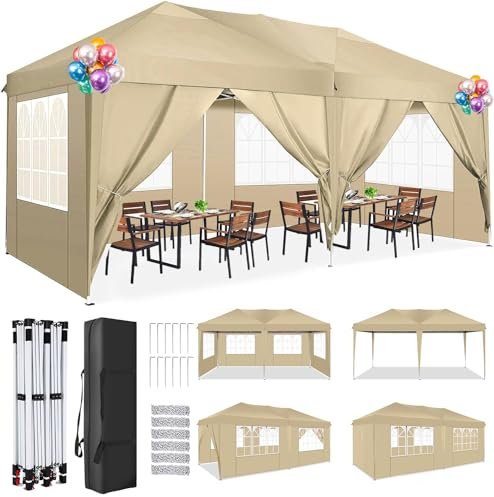 TOOLUCK Pavillon 3x6m Faltpavillon Wasserdicht Stabil Winterfest Faltbar Partyzelt UV-Schutz Pop Up Pavillon mit 6 Seitenteilen & 1 Tragetasche für Outdoor-Aktivitäten Gartenpartys, Khaki