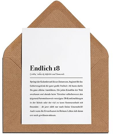 Endlich 18: Karte zum 18. Geburtstag mit Umschlag