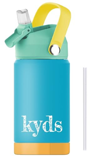 kyds® Trinkflasche Kinder, Thermo Edelstahl Wasserflasche, Auslaufsicher, mit Trinkhalm, hygienischer Klappdeckel, BPA-frei, spülmaschinenfester Deckel, Trinkflasche für Schule Sport