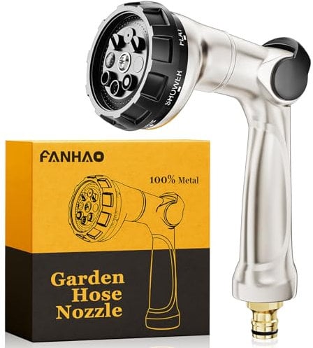 FANHAO Professional Heavy Duty Garden Hose Spray Gun, 100% Metal Thumb Control Hose Gun with 8 Spray Patterns, High Pressure Hose Nozzle for Lawn & Plant Watering, Car & Pet Washing