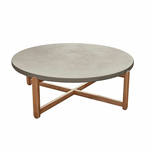 Loberon Couchtisch Robinson, in- und Outdoor geeignet, runde Tischplatte, eleganter Materialmix, Gartenmöbel, Terrassentisch, Teakholz, Zement, grau/braun