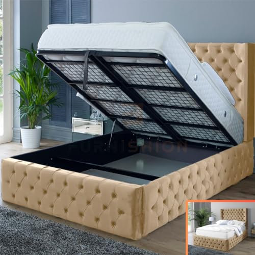 Furnishion Ottoman Bed - Mink Velvet Double Bed with Storage - Upholstered Wingback Bed with Mattress Included & 48in High Headboard