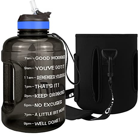 QuiFit 3.78/2.2 Litre Motivational Water Bottle - with Straw & Time Marker,Wide Mouth,BPA Free,Reusable,Ideal for Gym,Outdoor Sport,Home & Office (Black with Sleeve, 2.2 Liter)