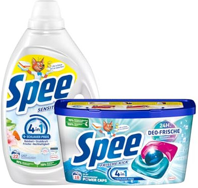 SPEE-Set Gel 1x 22 Waschladungen Sensitive & Power Caps 1x 18 Waschladungen Deo-Frische Frische-Kick, Waschmittel mit 4 + 1 Formel, für Temperaturen von 20° - 95° C