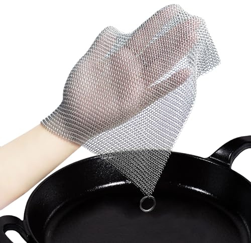 Edelstahl Gusseisen Schrubber SJZ SUN RUN 316L 20,3 x 20,3 cm Metall Gusseisen Bratpfannenreiniger Kettenhemd für Gusseisenpfanne, Camping, Wohnmobil, BBQ, Backen, Vasen, Grill, Kupferherd Reinigung