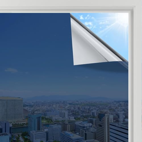 rabbitgoo Heat Reflective Window Film Privacy, Blue Silver, 75x200cm | One Way Mirror Tint Sticker Sun Blocker, UV Glass Sticker Mirror Heat Reflector Thermal Solar Vinyl Blue Silve