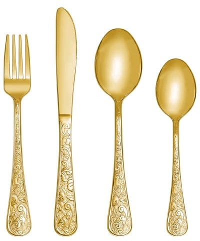 SHEUMNT 24-Piece Gold Vintage Carved Silverware Set for 6, Stainless Steel Flatware Set with Knife/Fork/Spoon, Cutlery Set for Home and Kitchen, Utensil Set with Dishwasher Safe